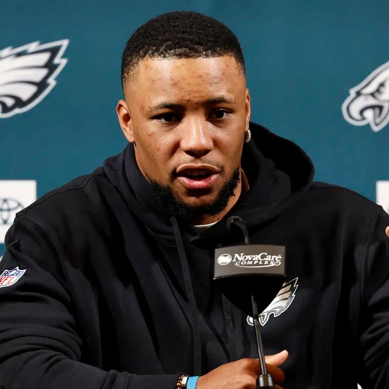 Eagles running back Saquon Barkley talks to the local media during an introductory press conference at the NovaCare Complex in South Philadelphia on Thursday, March 14, 2024.