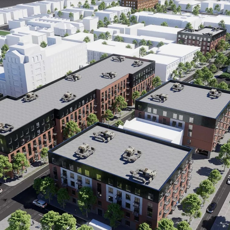 Aerial rendering of all the proposed apartment buildings from Haverford Square Properties LLC, which would replace some expiring-subsidy affordable houses in West Philadelphia's Belmont neighborhood.