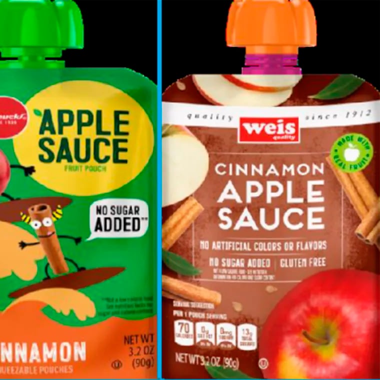 This image shows three recalled applesauce products:  WanaBana apple cinnamon fruit puree pouches, Schnucks-brand cinnamon-flavored applesauce pouches and variety pack, and Weis-brand cinnamon applesauce pouches. U.S. health officials said cinnamon applesauce pouches tied to lead poisoning in U.S. kids contained chromium, a chemical element that can be toxic. Consumers should not eat or serve the pouches and should discard them.