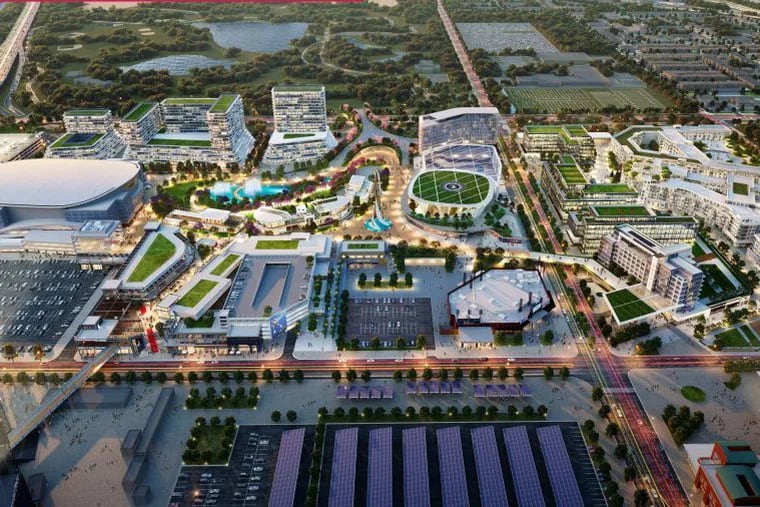 Comcast Spectacor's plan for the Sports Complex will, if fully realized as above, fill in parking lots with a variety of buildings. A new concert venue would be located midway between the Wells Fargo Center (left) and Citizens Bank Park (lower right).