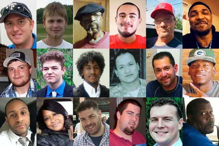 This combination of photos shows, top row from left, Anthony Timpa, Austin Hunter Turner, Carl Grant, Damien Alvarado, Delbert McNiel, and Demetrio Jackson; second row from left, Drew Edwards, Evan Terhune, Giovani Berne, Glenn Ybanez, Ivan Gutzalenko and Mario Clark; bottom row from left, Michael Guillory, Robbin McNeely, Seth Lucas, Steven Bradley Beasley, Taylor Ware, and Terrell "Al" Clark. Each died after separate encounters with police in which officers used force that is not supposed to be deadly.