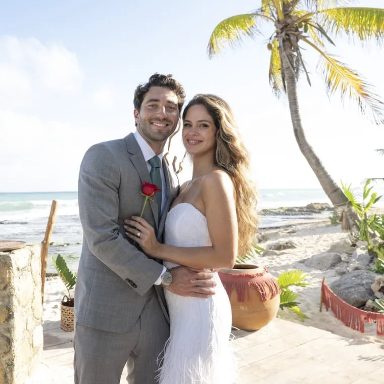 ABC's "The Bachelor" Joey Graziadei poses with fiancée Kelsey Anderson on the beach in Tulum, Mexico, during the show's season finale, which aired March 25, 2024.